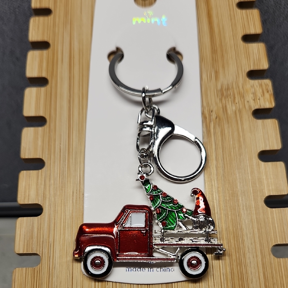 Mint Red Truck Keychain/Bag Charm With Tree And Gnome, Silvertone